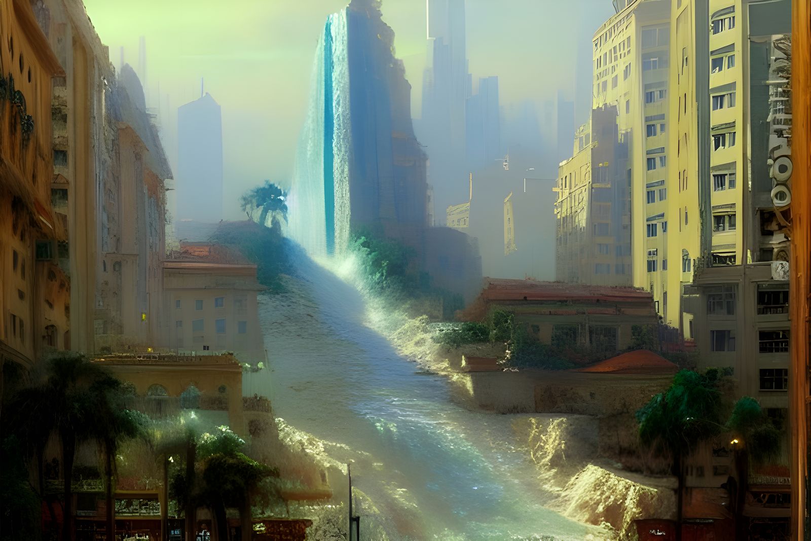 Mediterranean City Destroyed by Waterfall, Impressionist Pai...