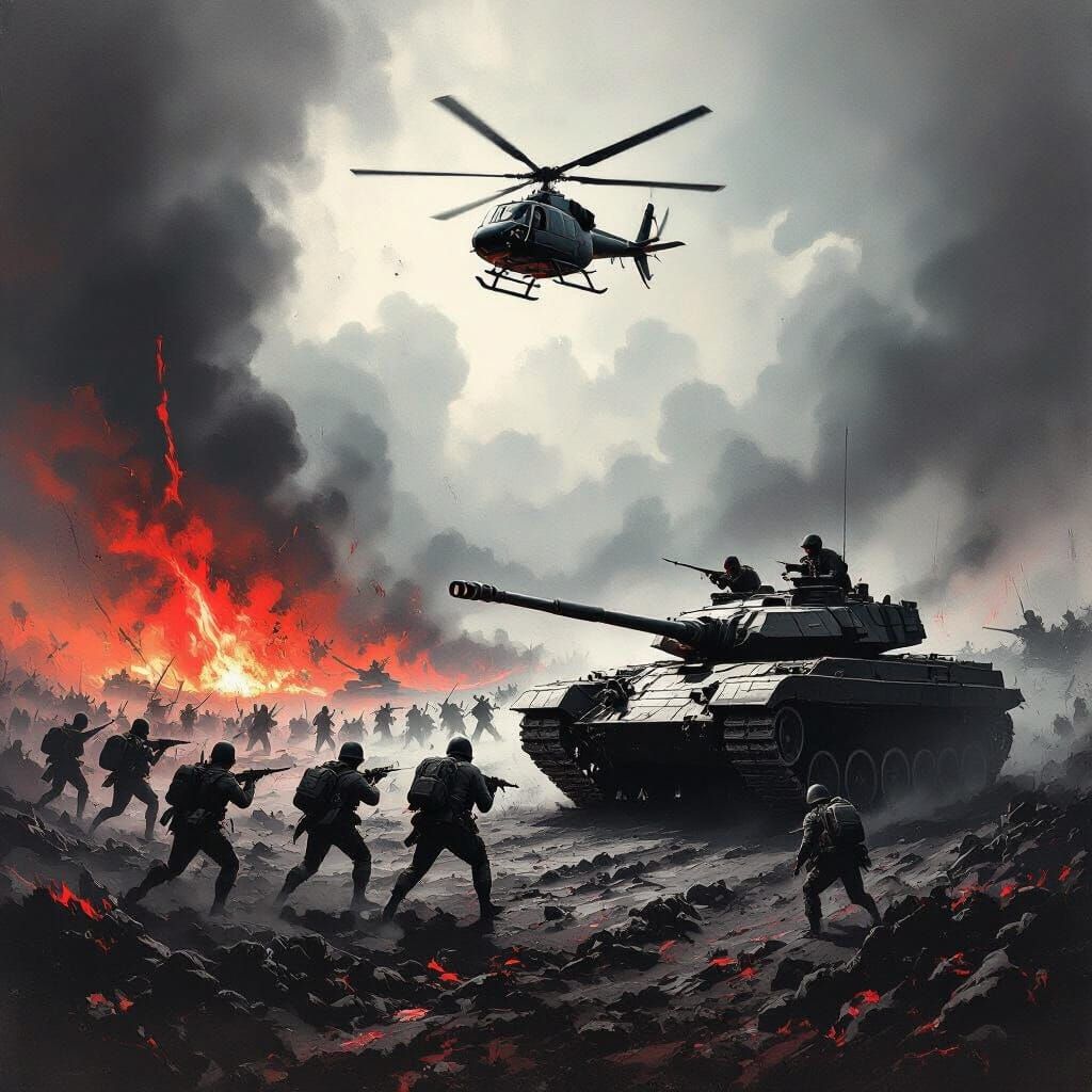 Intense Battlefield Scene with Soldiers, Tank, and Helicopte...