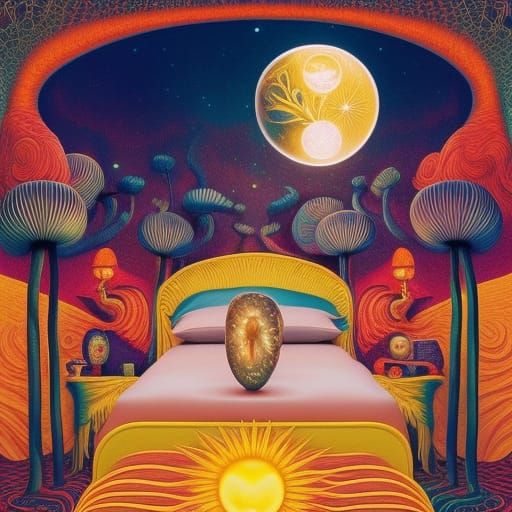 Surreal Sun and Moon Bed with Woman