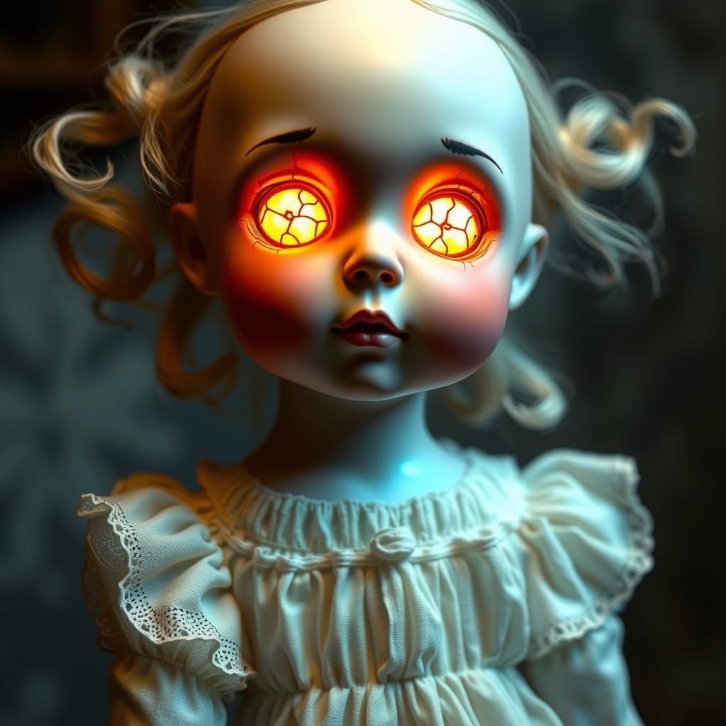 Surreal Porcelain Doll in Haunting Abandoned Setting