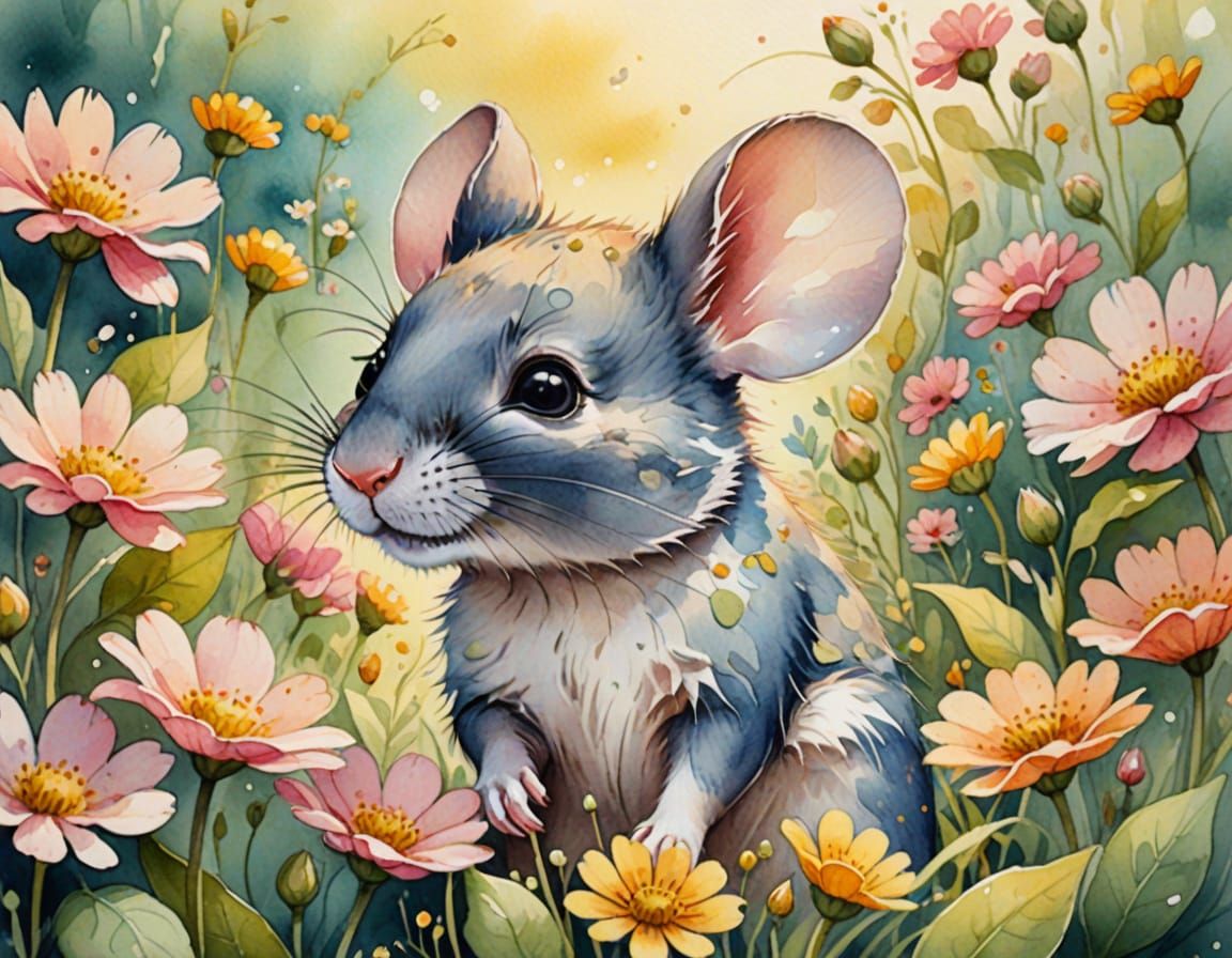 Shy Mouse Hiding in Flowers: Watercolor Illustration