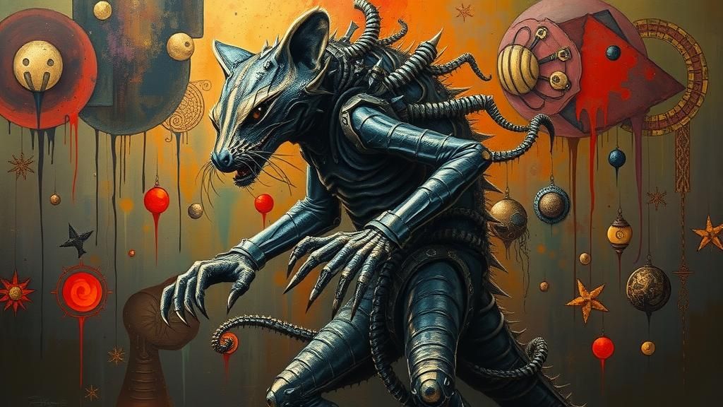 Alien Lizard Raccoon Warrior in Surreal Sci-Fi Landscape