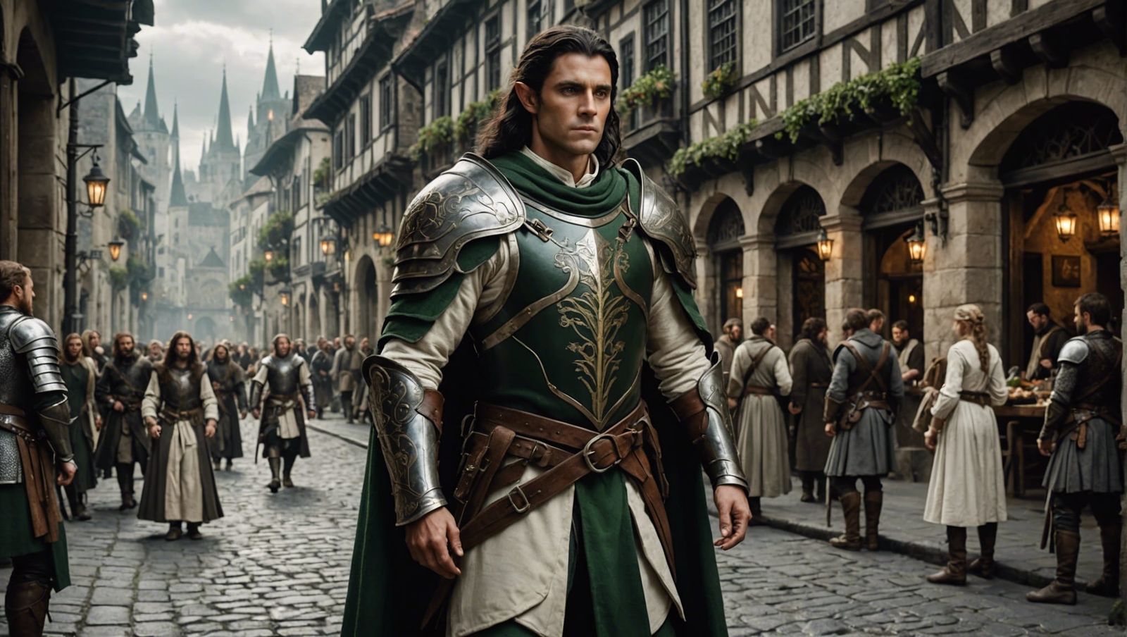 Epic Elf Paladin in Medieval Street Scene