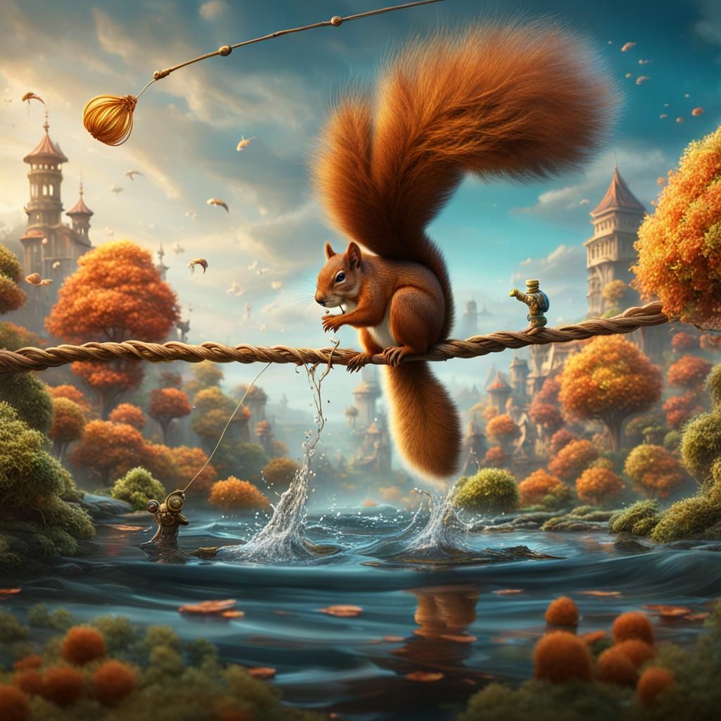 Squirrel Fishing with Spaghetti: Detailed Matte Painting