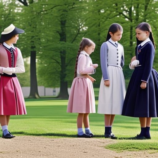 English Village Scene with Schoolgirls in Watercolor Style