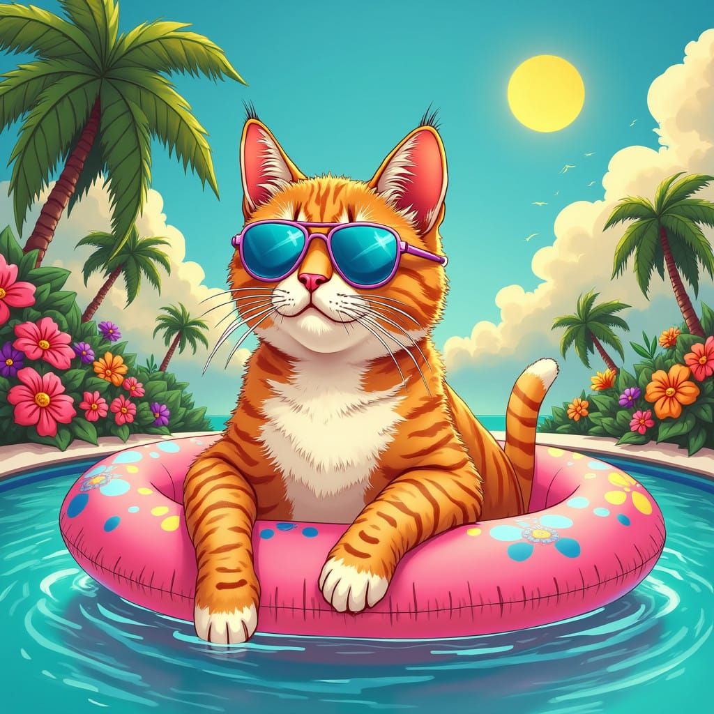 Sunglasses Cat Basks in Summer Paradise