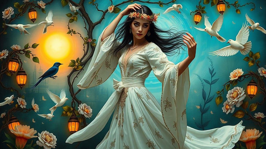 Ethereal Dancer in a Whimsical Floral Realm