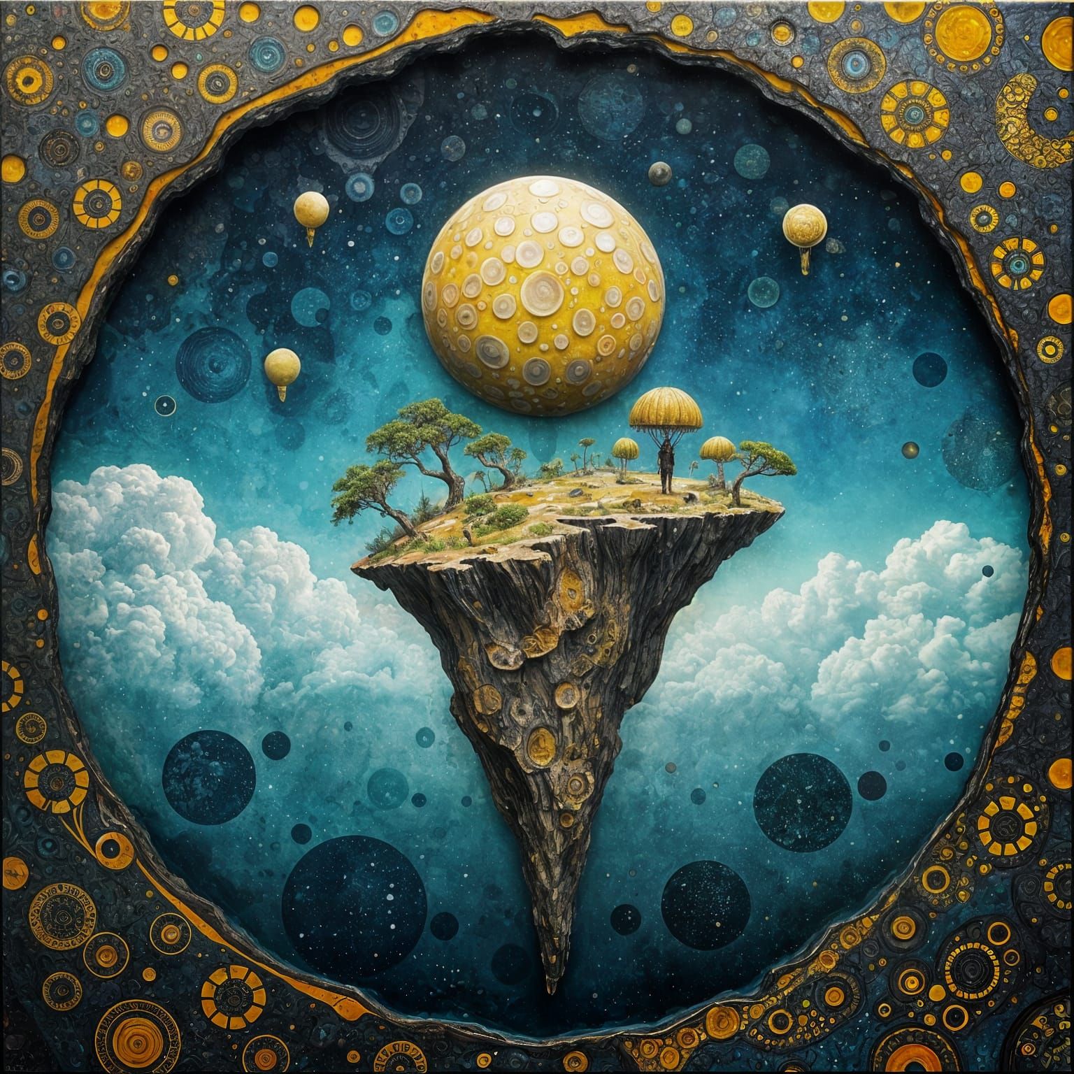 Surreal Floating Island in Vibrant Encaustic Wax