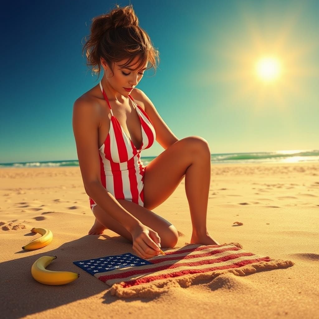 Hyperrealistic French Woman Draws Flag on Beach