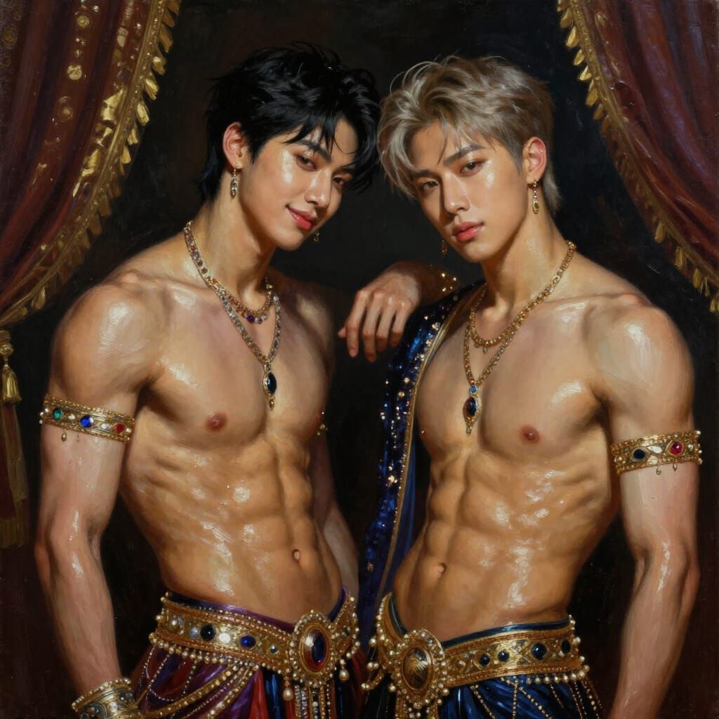 Hyperrealistic Oil Painting of Muscular Belly Dancers in Ara...