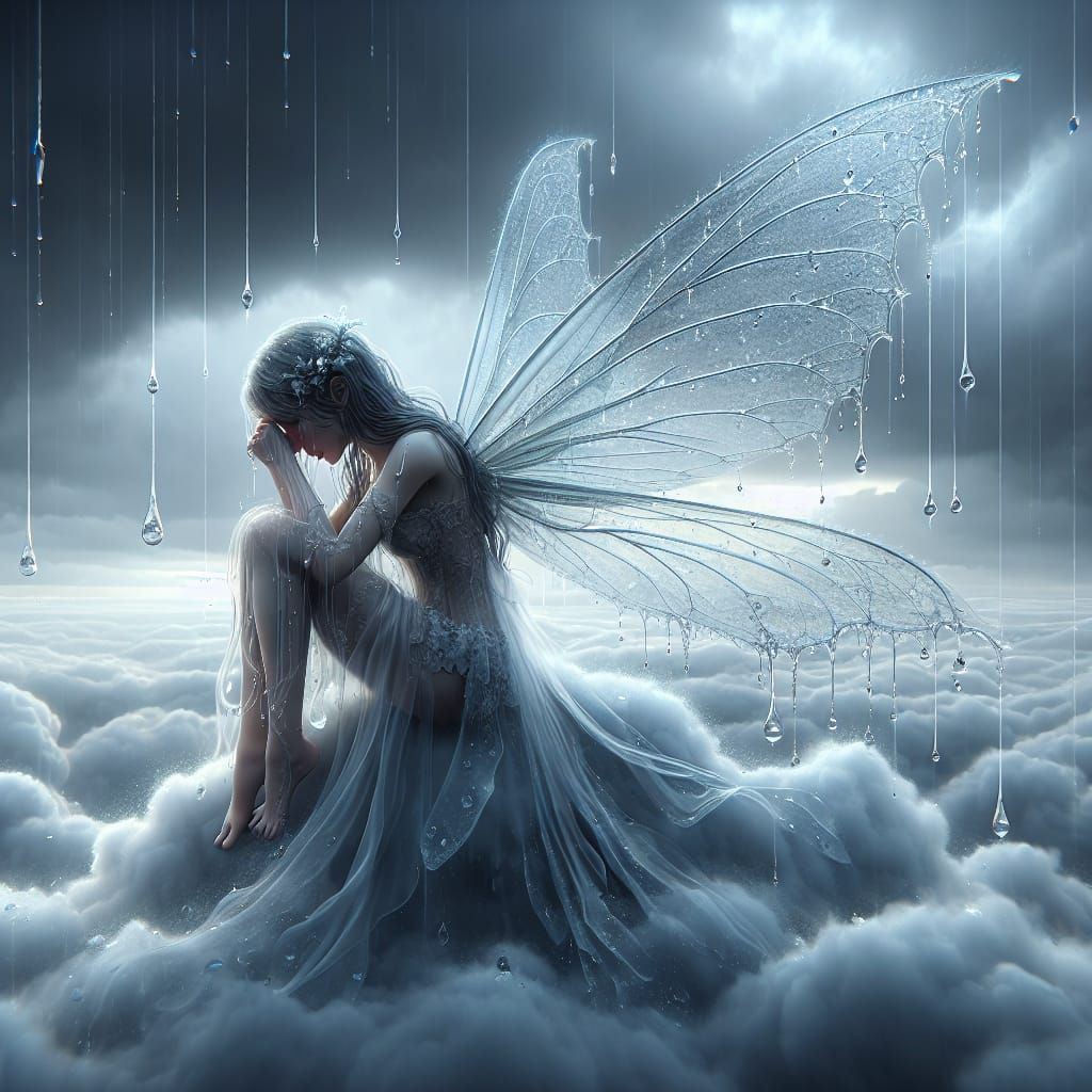 Ethereal Air Fairy in a Gloomy Rainy Landscape