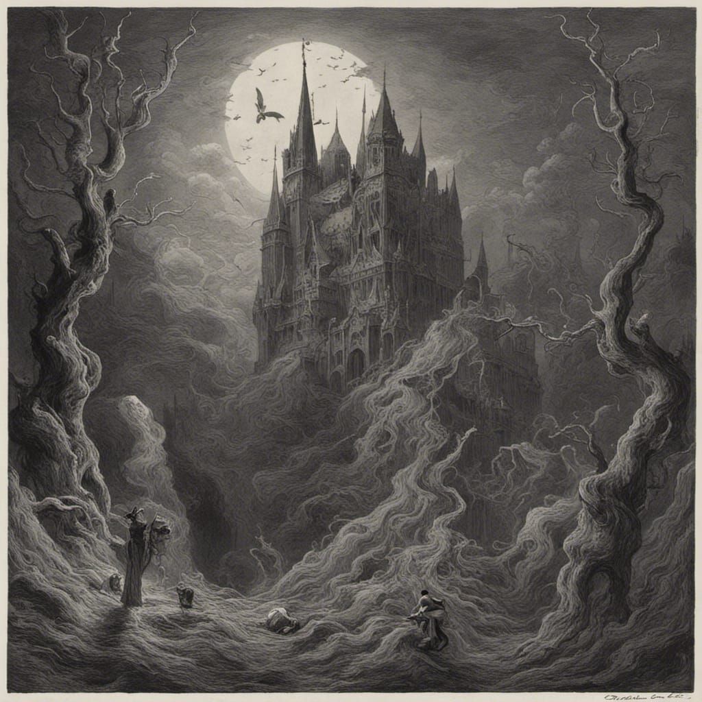 Gothic Horror Castle in Gustave Doré Style