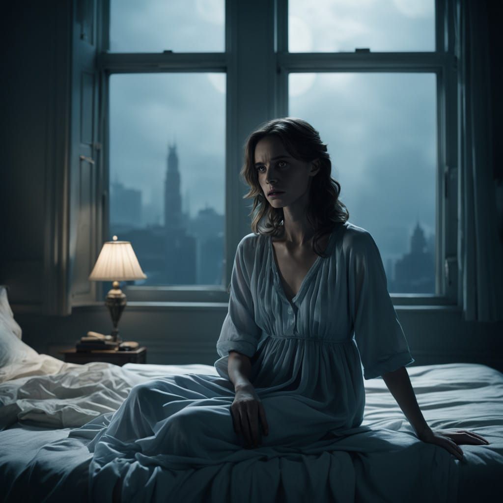Fear Grips a Woman in the Shadows of Night