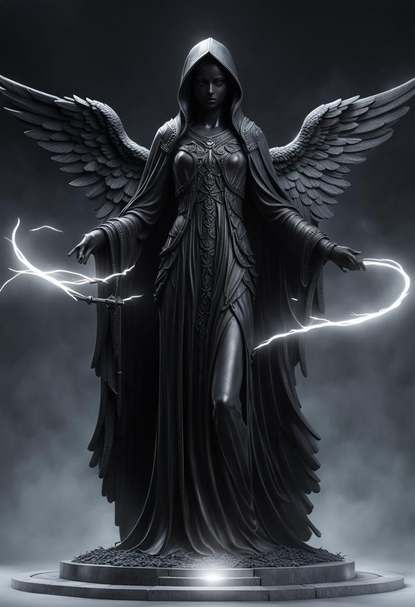 Monument to a fallen angel, made of black stone, faceless, 8k resolution, concept art, hyperdetailed, eldritch, flickeri...