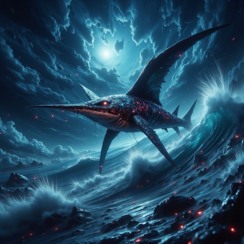 Iridescent Swordfish Breaching Ocean Surface