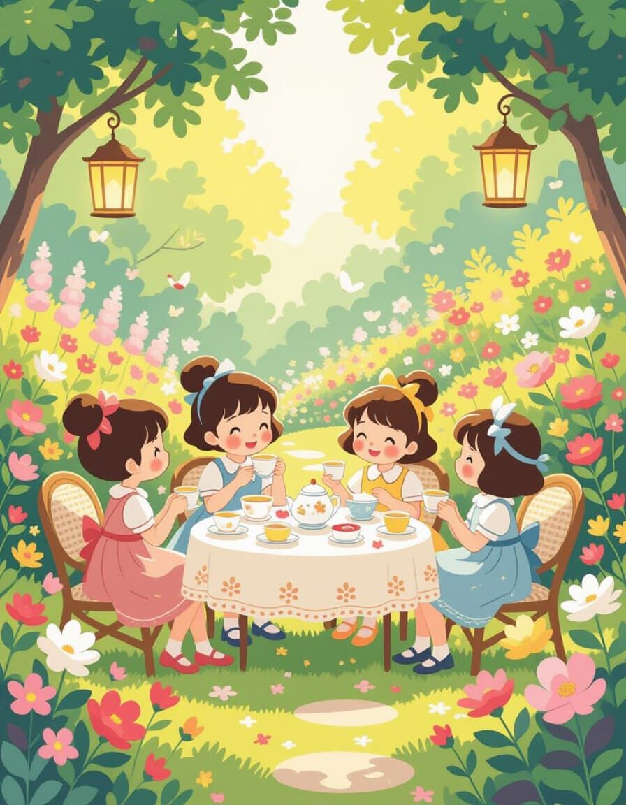 Magical Garden Tea Party in Cartoon Style