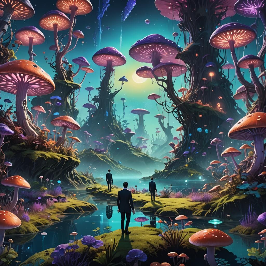 Alien Landscape with Bioluminescent Plants, Matte Painting