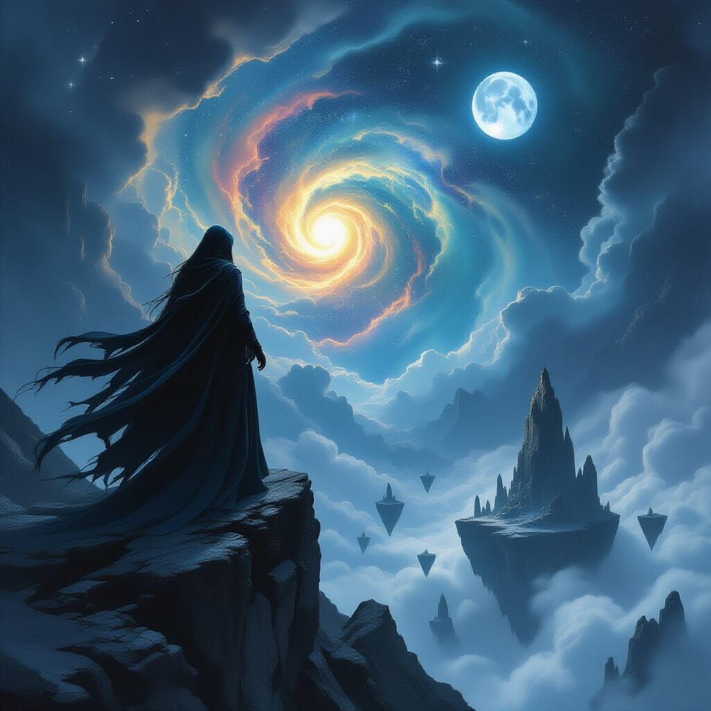 Solitary Sorceress on Obsidian Peak Amidst Cosmic Nebula