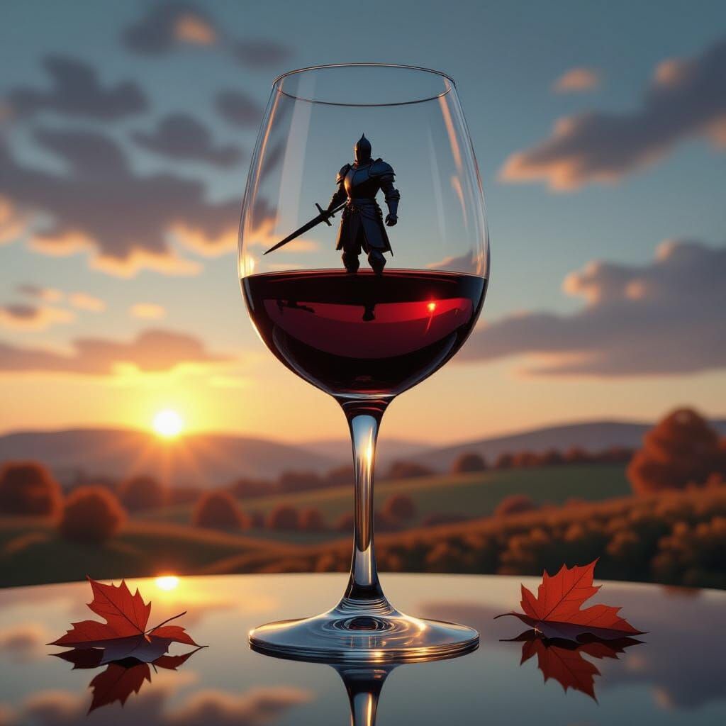 Elegant Wine Glass Reflects Autumn Landscape and Knight