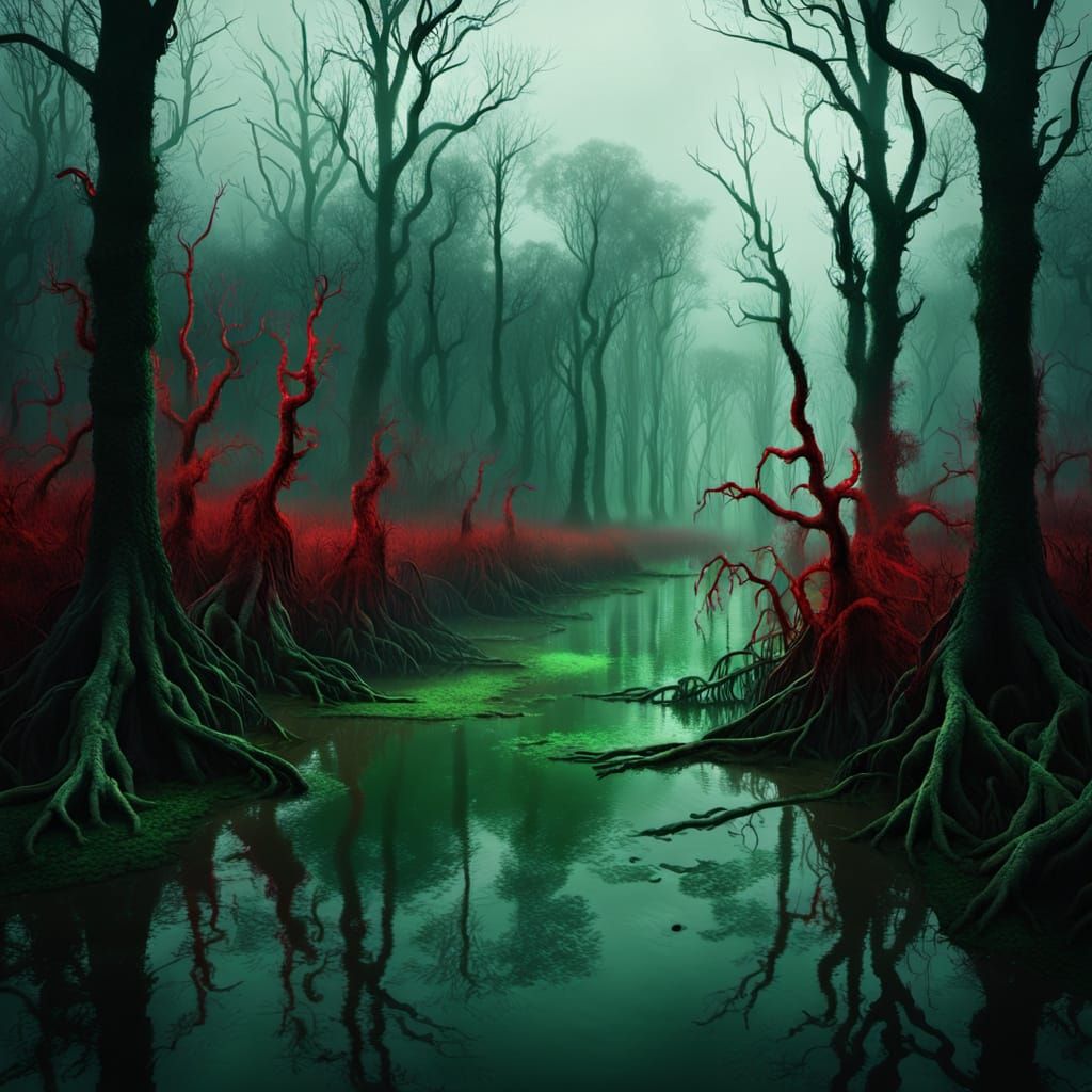 Gloomy Swamp with Red Water and Twisted Trees