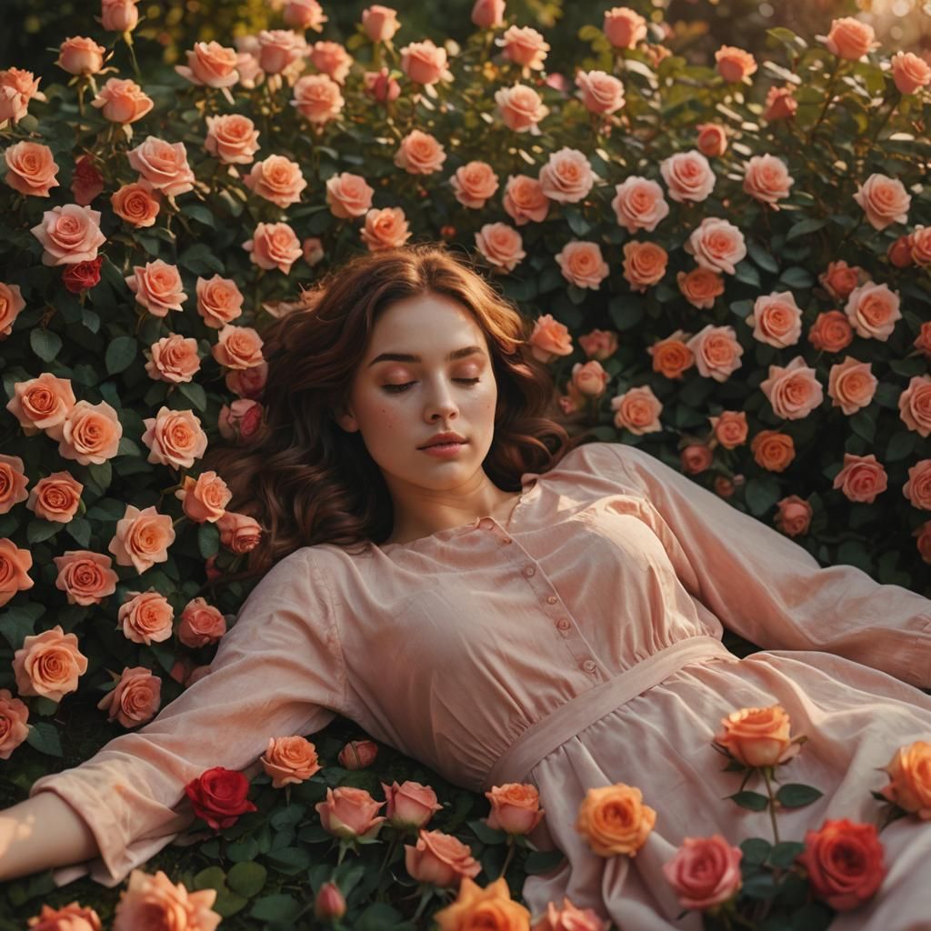 Serene Garden: Person Lies on Bed of Roses