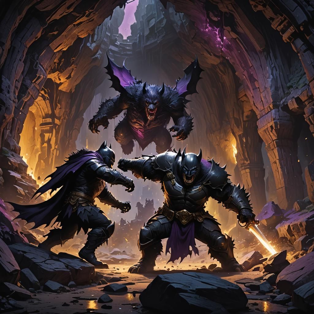Dark Knight vs. Bear Monster in a Cave