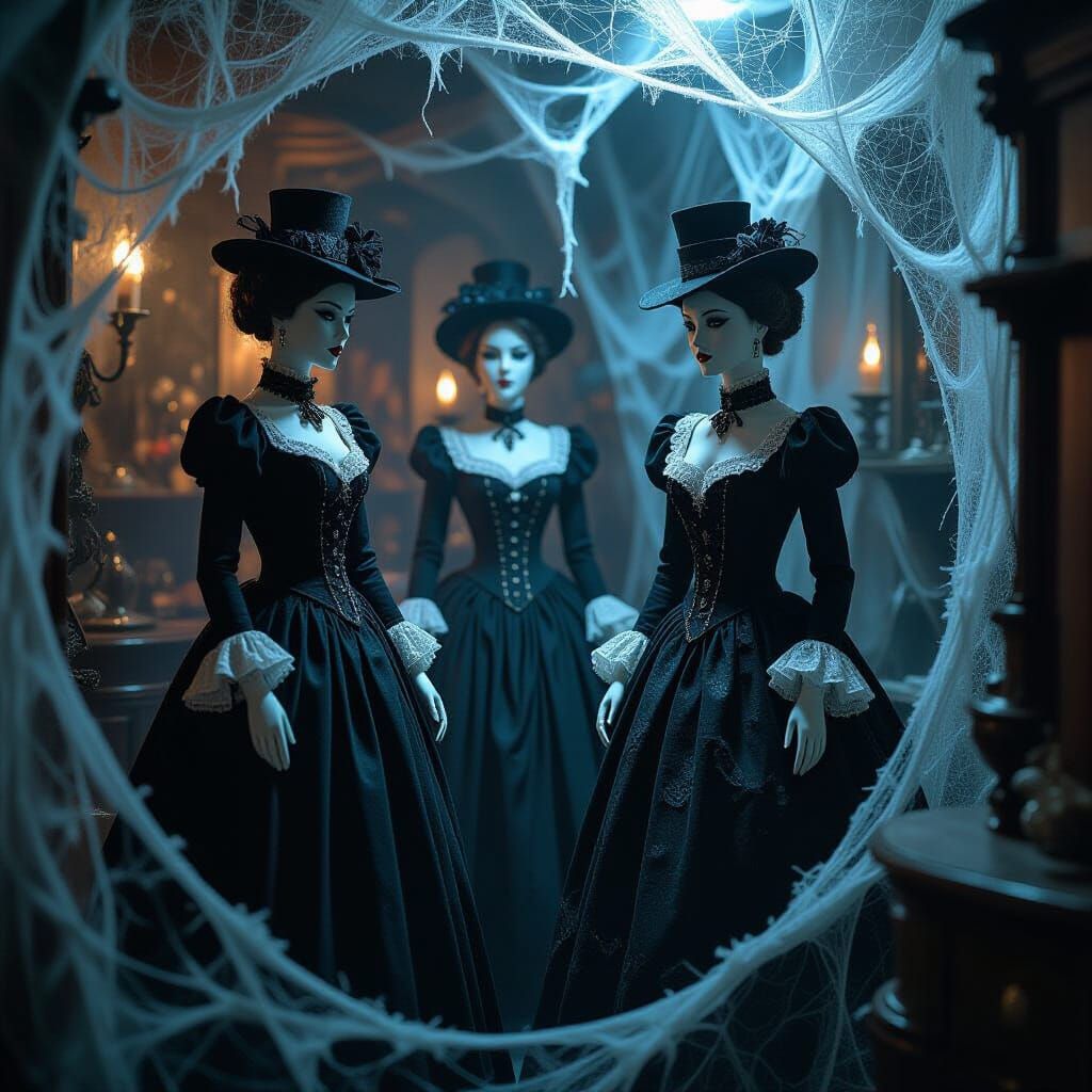 Victorian Gothic Mannequins in Dimly Lit Shop