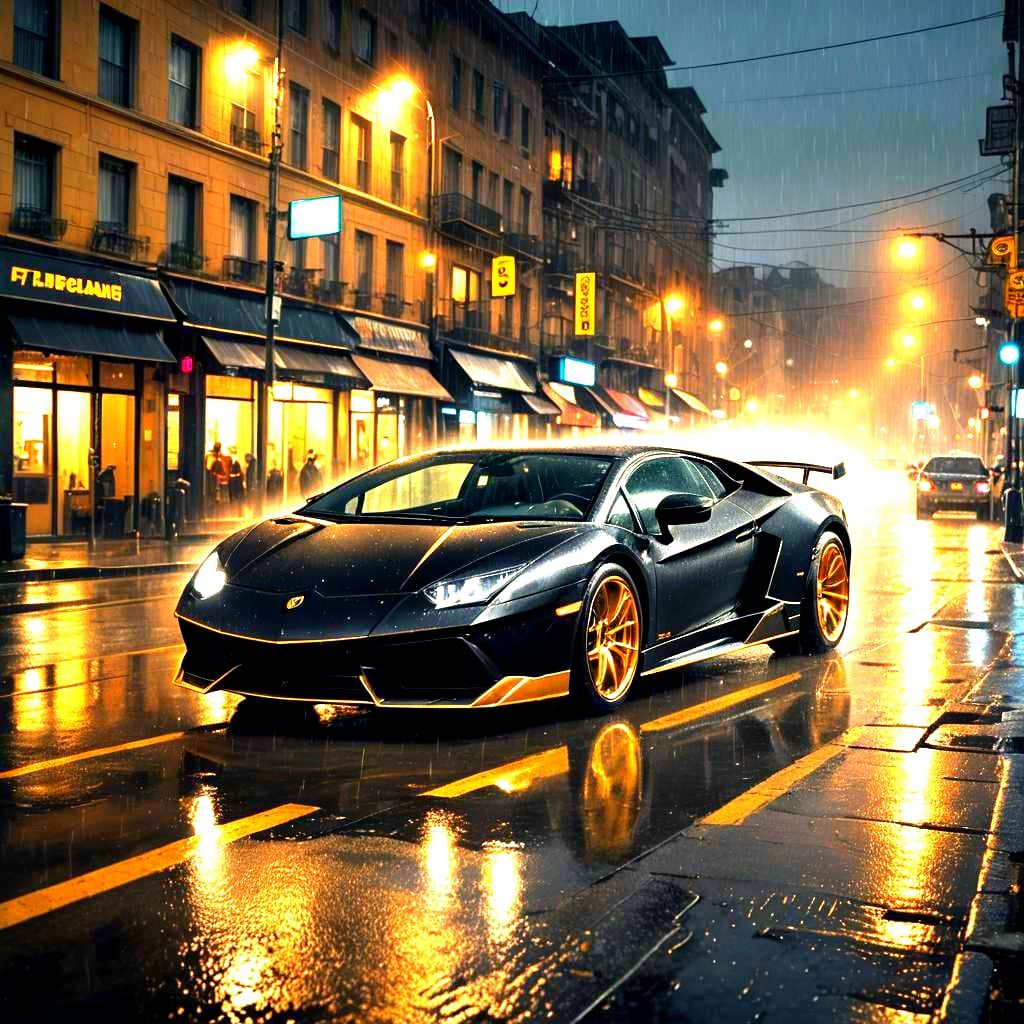 Create an image of a sleek black Lamborghini with striking golden borders. The car is captured mid-stunt, perhaps liftin...