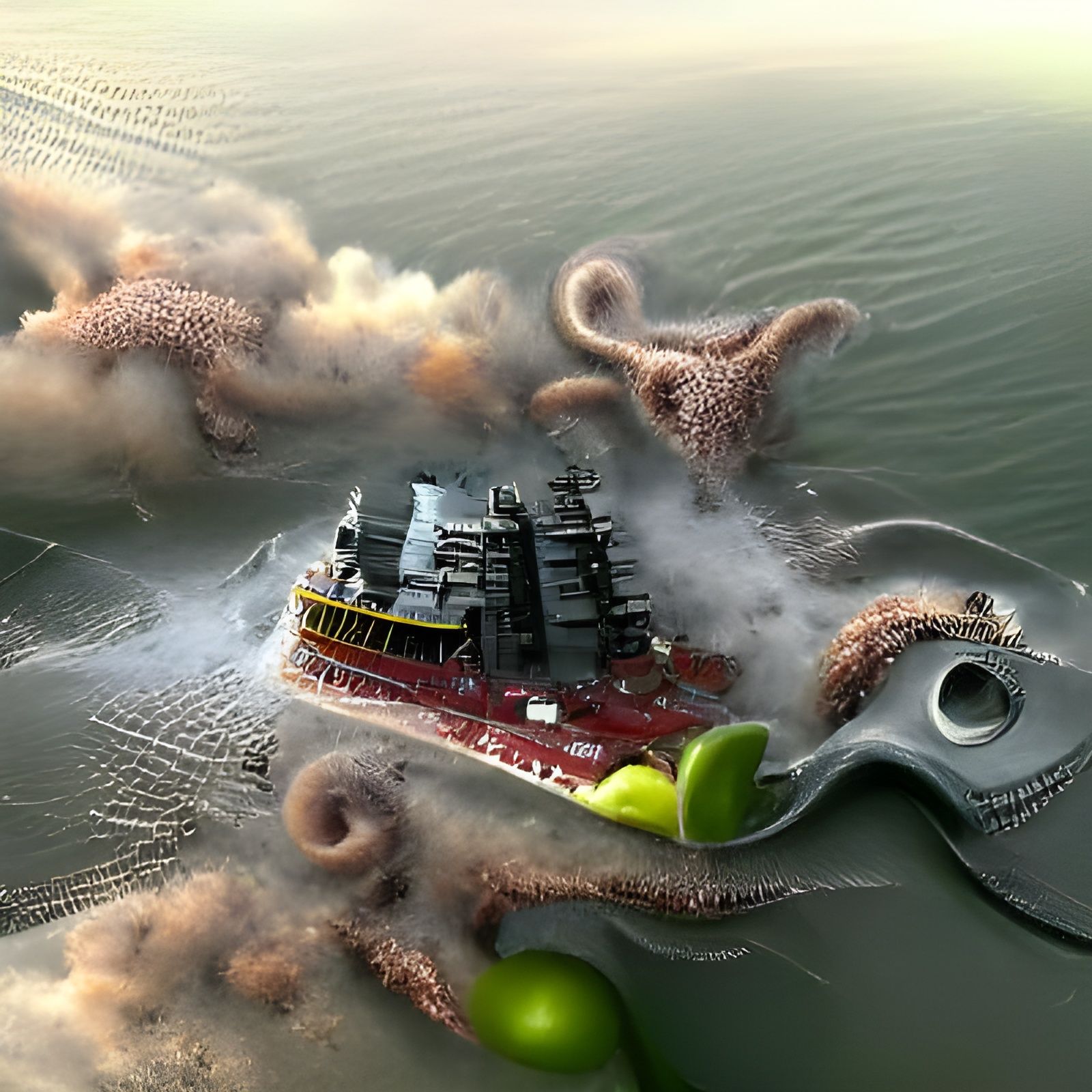 Giant Octopus Destroys Ship: Detailed Matte Painting