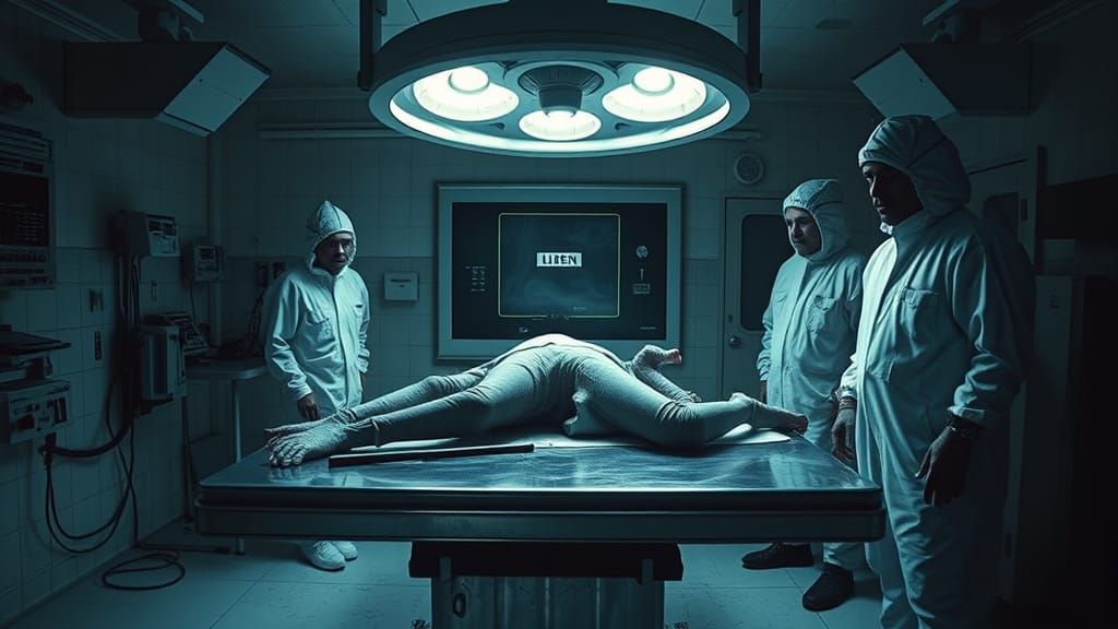 Alien Autopsy Scene with Hazmat Suits