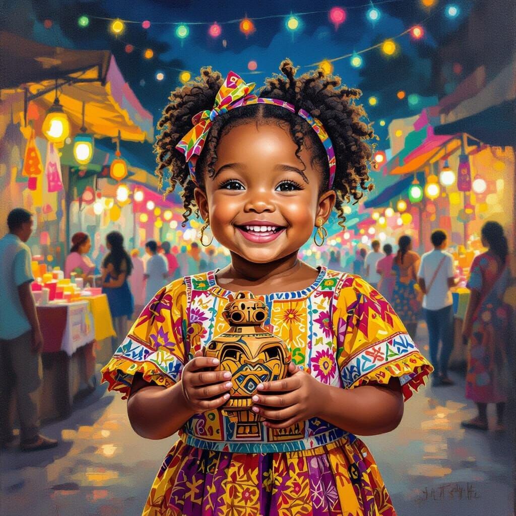 Joyful Girl in Festival Attire at Night Market