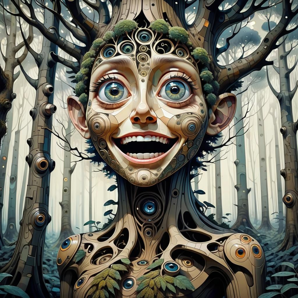 Laughing Humanoid Tree in Forest: Cubist Digital Art