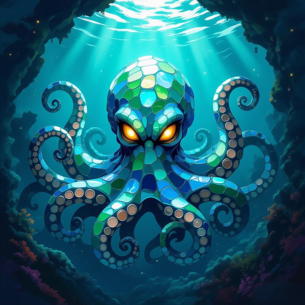 Sea Glass Kraken Emerging From Ocean Vortex