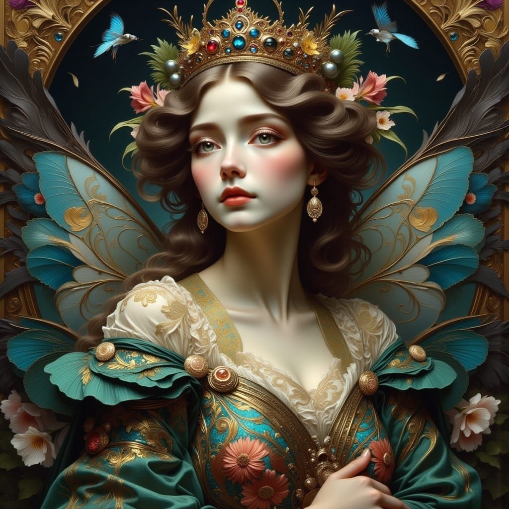 Fairy Queen in Ornate Natural Crown, Hyperrealistic