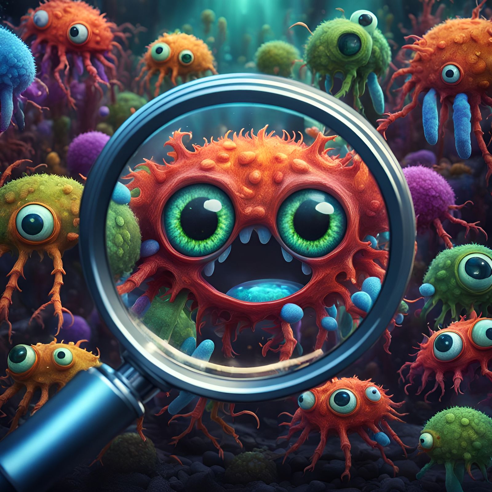 Funny Bacteria Under Magnifying Glass, Anime Style