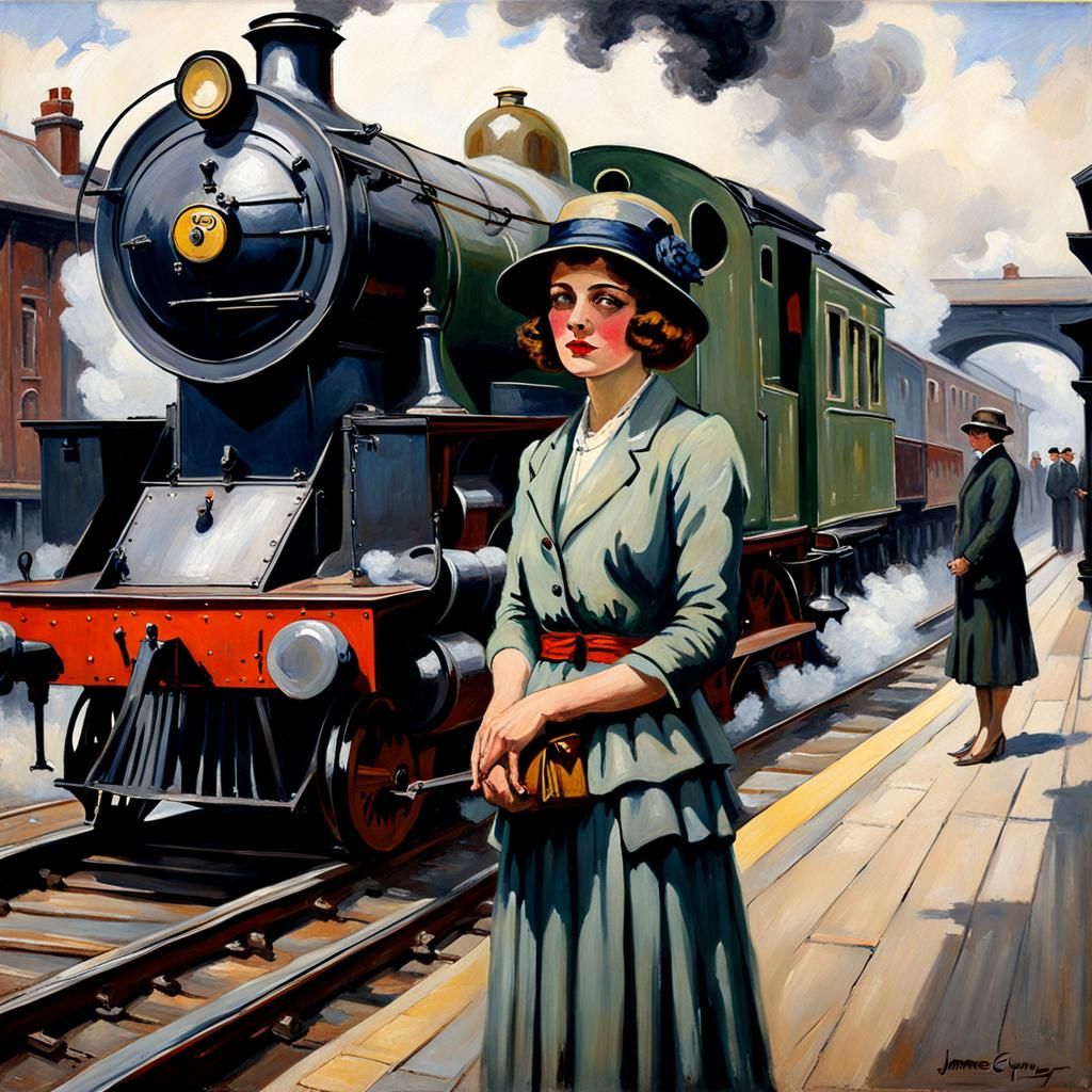 1920s girl waiting for the steam train on the platform.