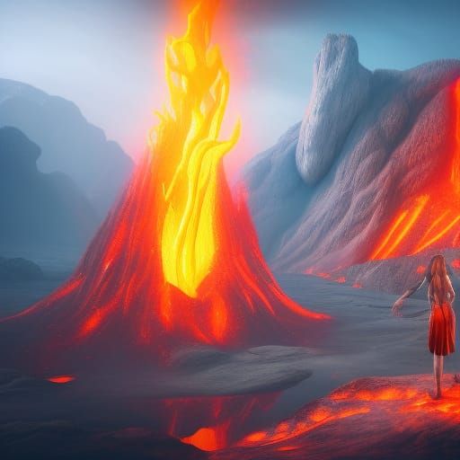 Girl in Volcano: Detailed Matte Painting