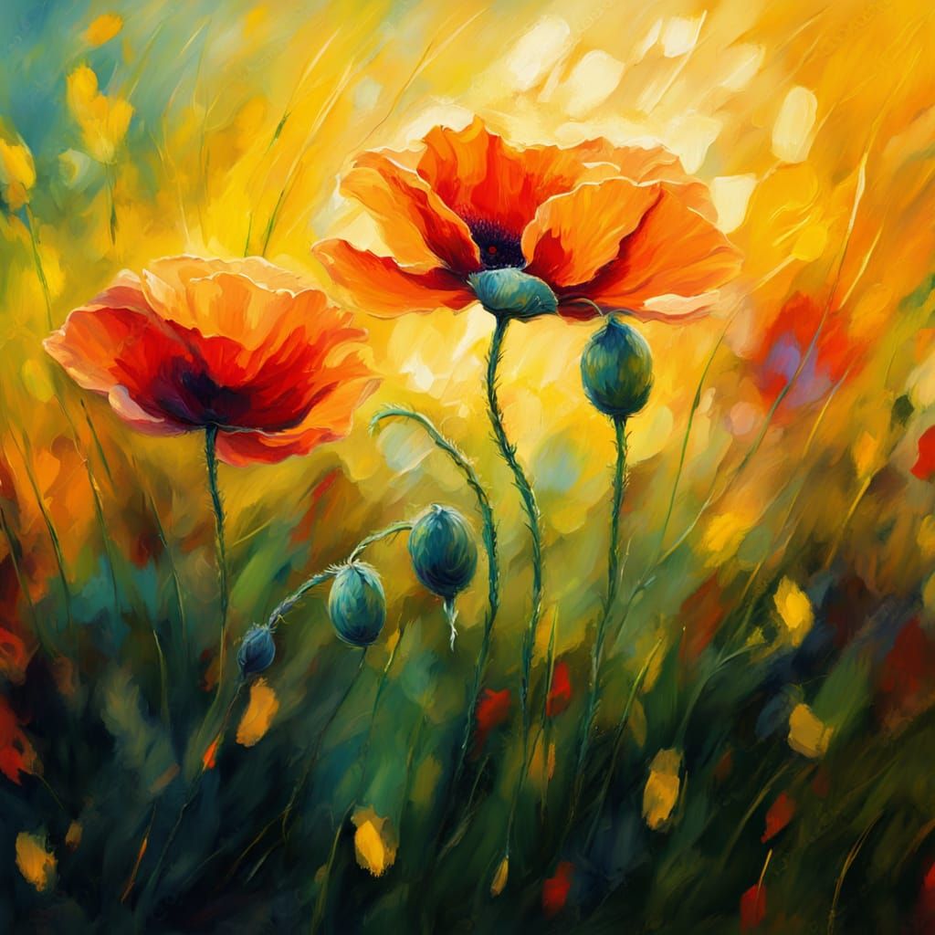 Poppy Flower in Expressionist Oil Painting Style