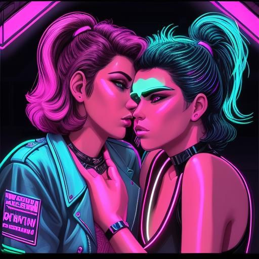 Synthwave Neon Retro Lesbians Portrait