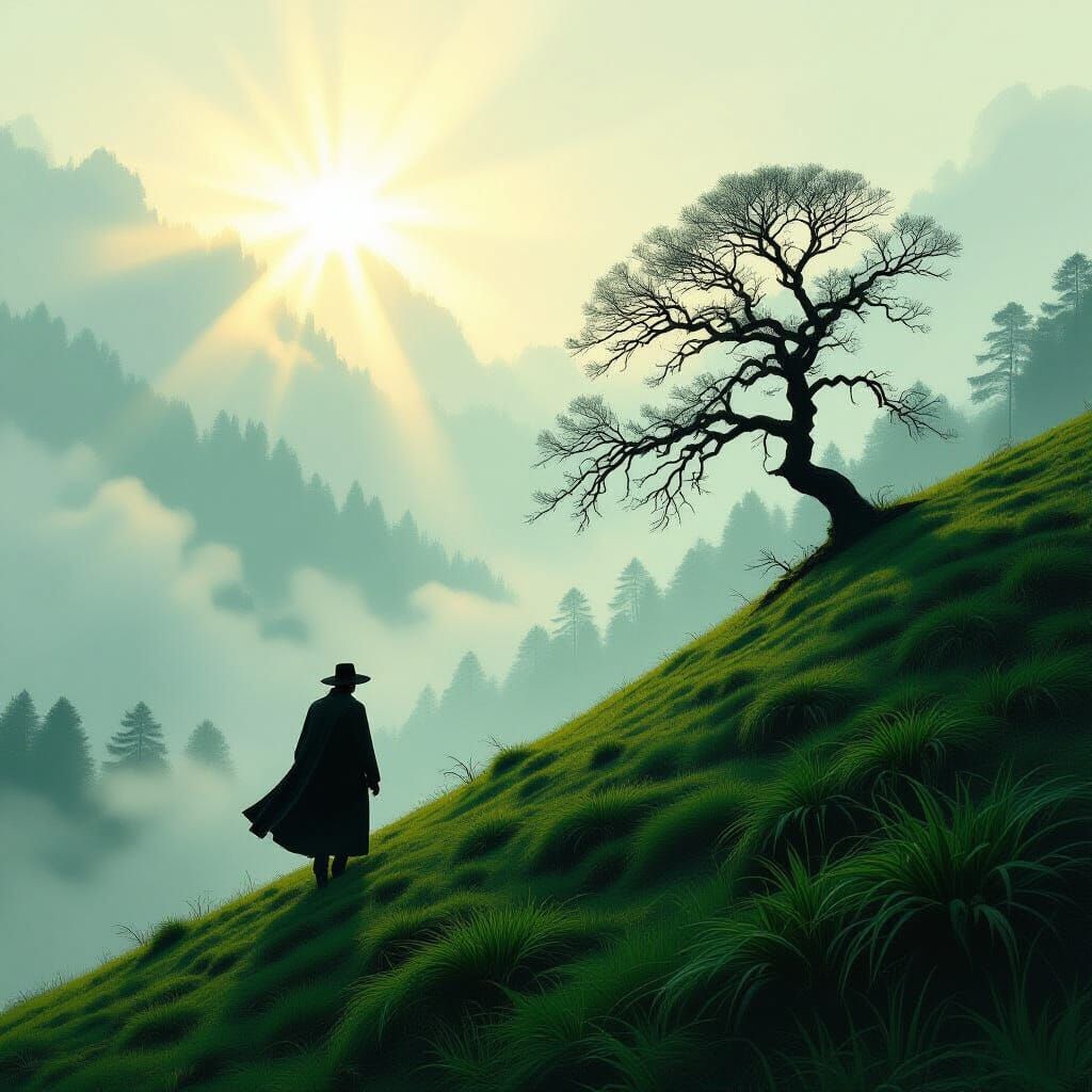 Lonely Man Climbs Green Hill in Fantasy Concept Art