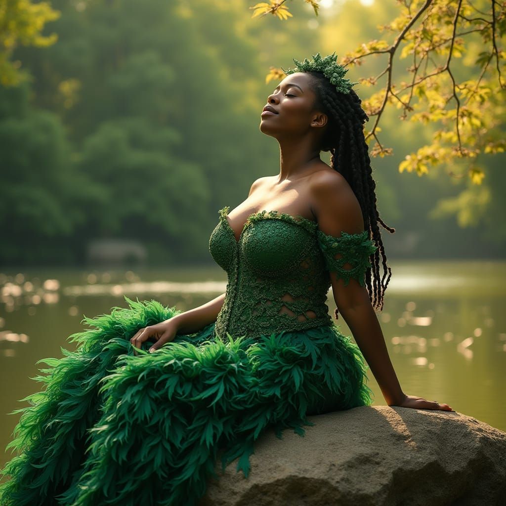 Afrofuturistic Goddess in Emerald Green Couture, Central Par...