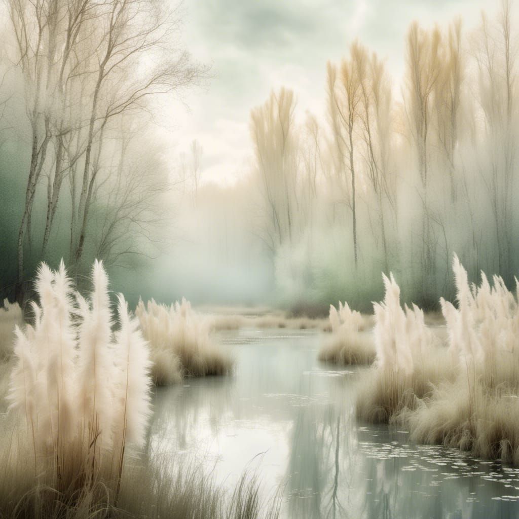 Eerie Misty Swamp with Birch Trees