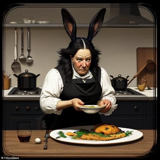 Surreal Kitchen Scene: Rabbit at Midnight, Old Masters Style