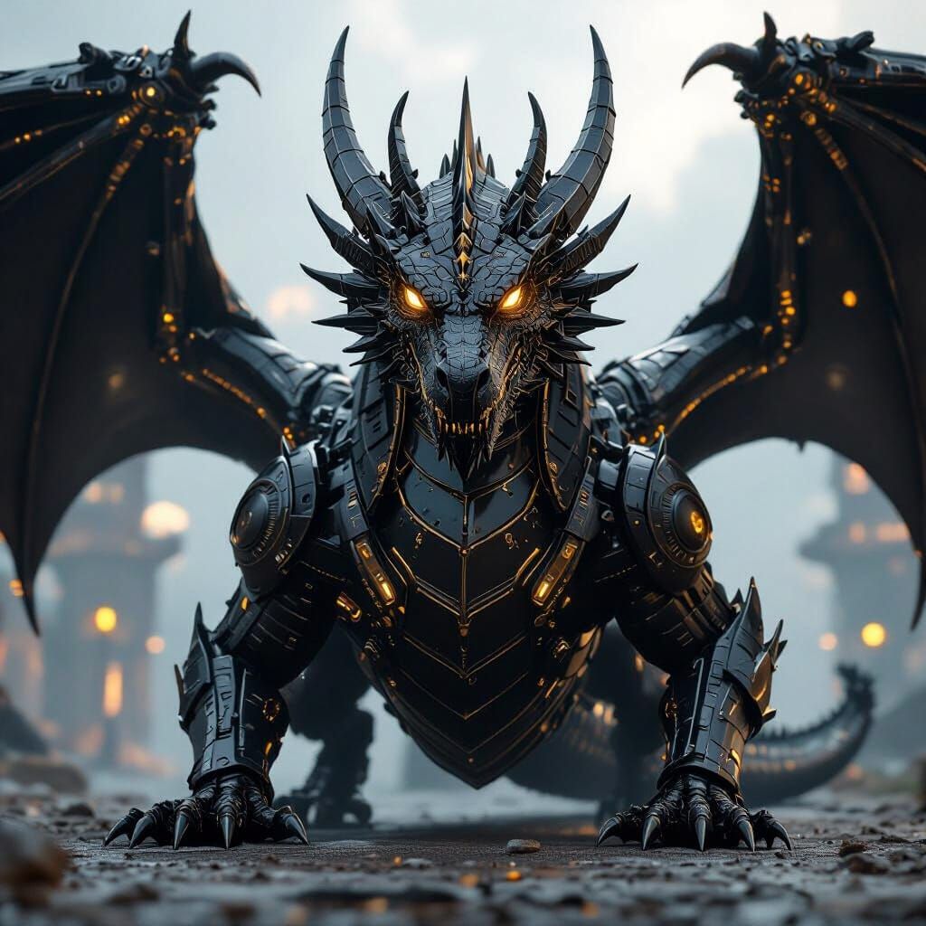 Massive Steampunk Black Dragon with Mechanical Details