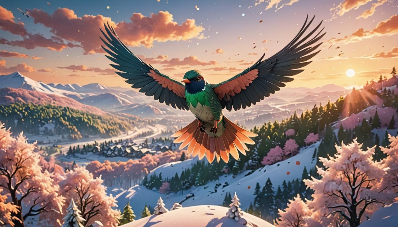 Anime Bird in Winter Landscape at Sunrise