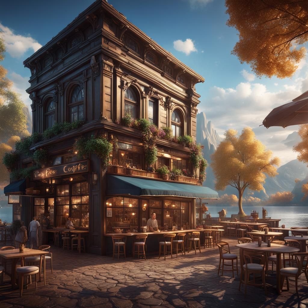 Cafe Interior Overlooking Lake: Detailed Matte Painting