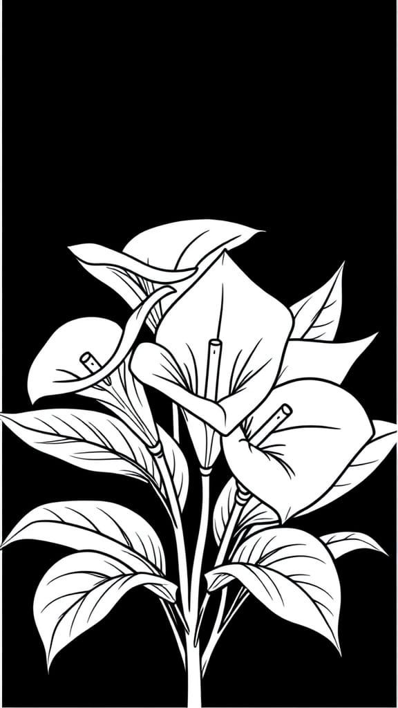 Surreal Black and White Line Art of Calla Flowers with 3D De...