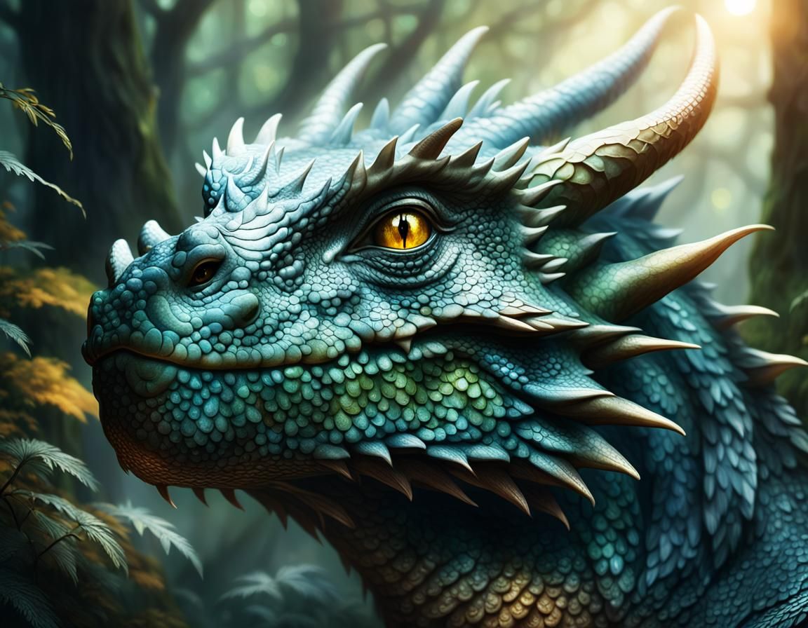 Good Dragon Portrait in Mystical Forest