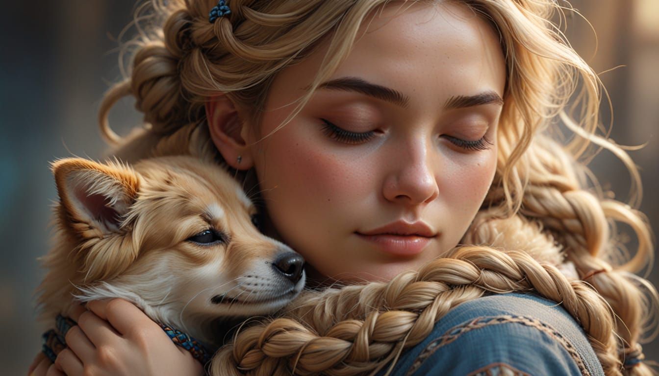 Woman and Puppy in Close Embrace: Digital Painting