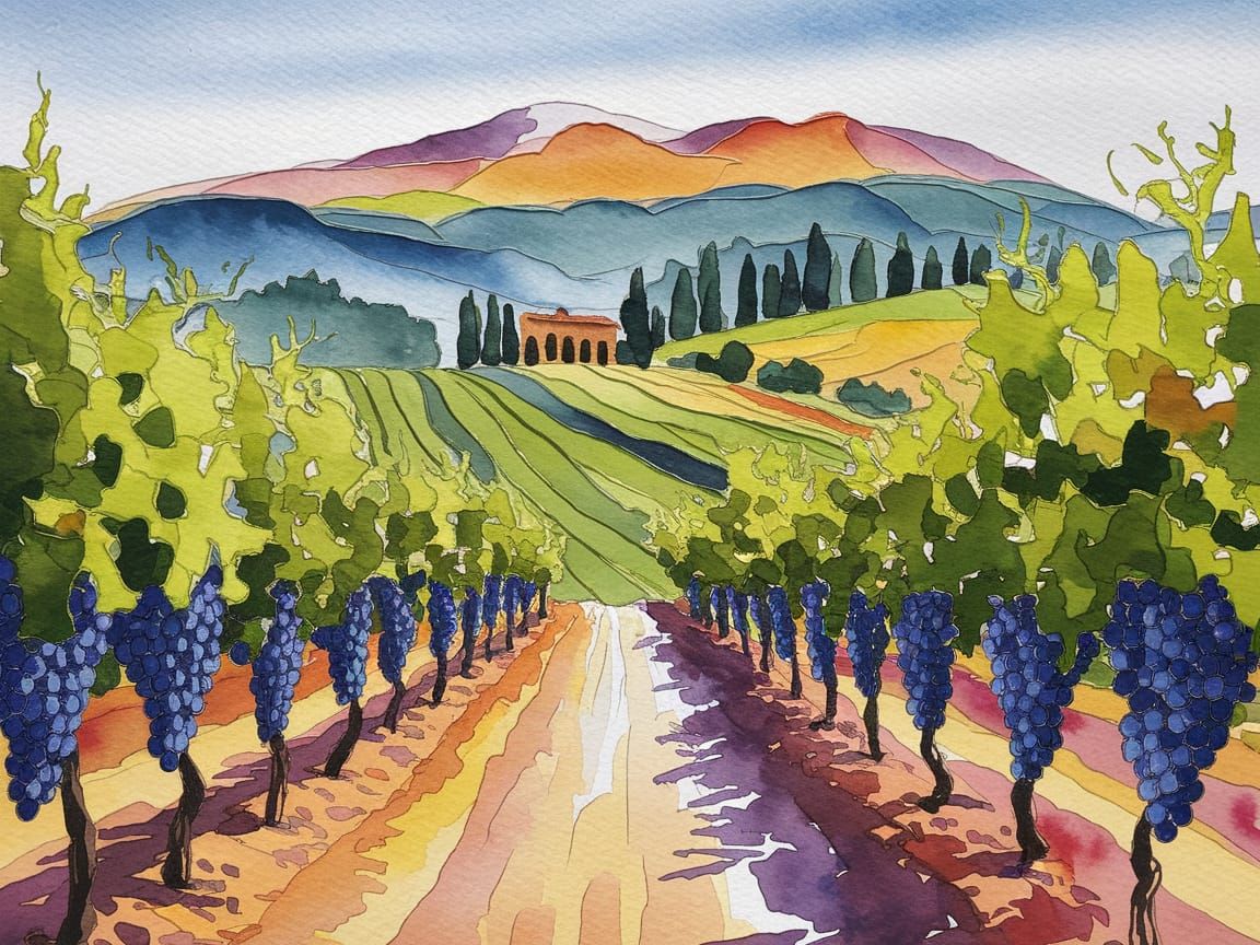 Tuscan Grape Harvest in Impressive Gouache Style